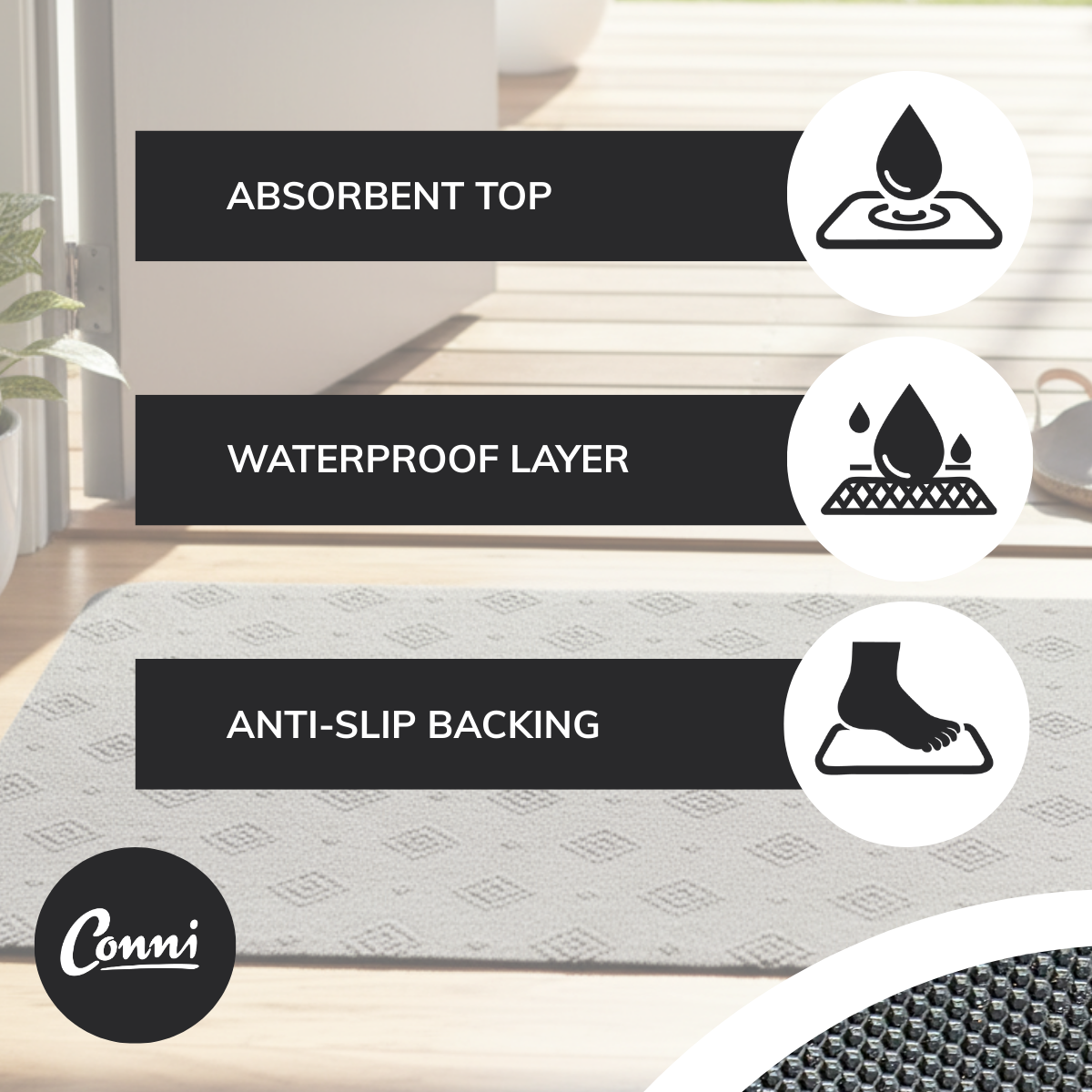 Conni anti-slip mat benefits - grip and absorbency