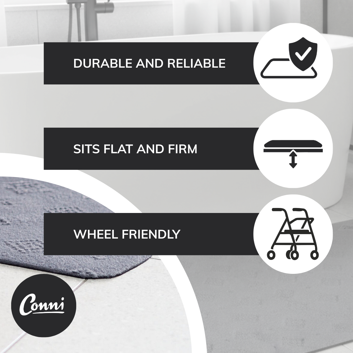 Conni anti-slip mat benefits - low profile and durability